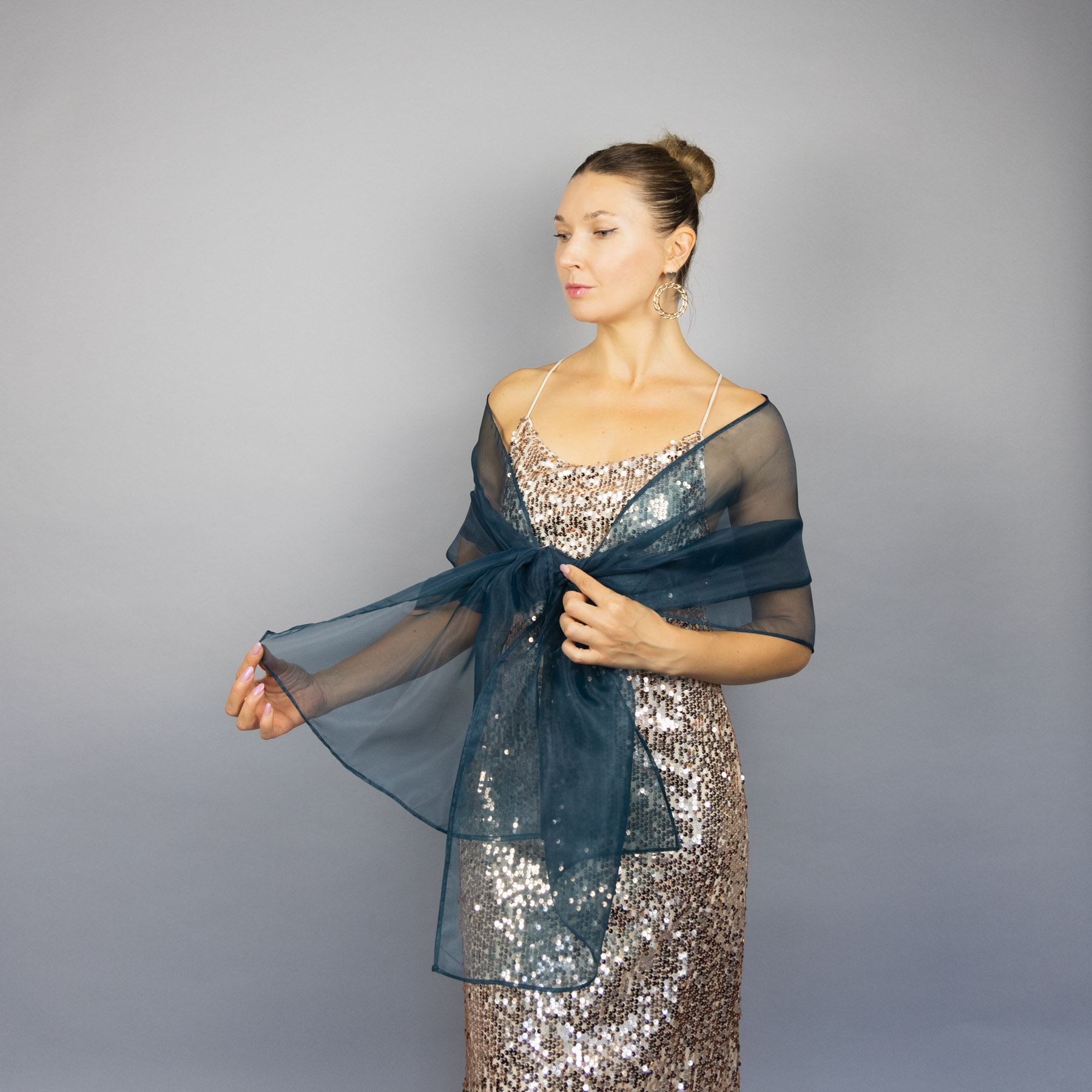 Blue green organza wrap silver grey sheer shawl scarf silver grey sheer shrug bridesmaids scarf woman sheer scarf evening shawl prom