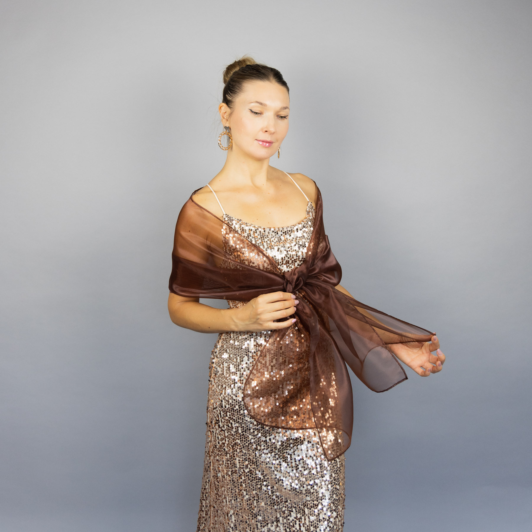 Brown organza wrap silver grey sheer shawl scarf silver grey sheer shrug bridesmaids scarf woman sheer scarf evening shawl prom