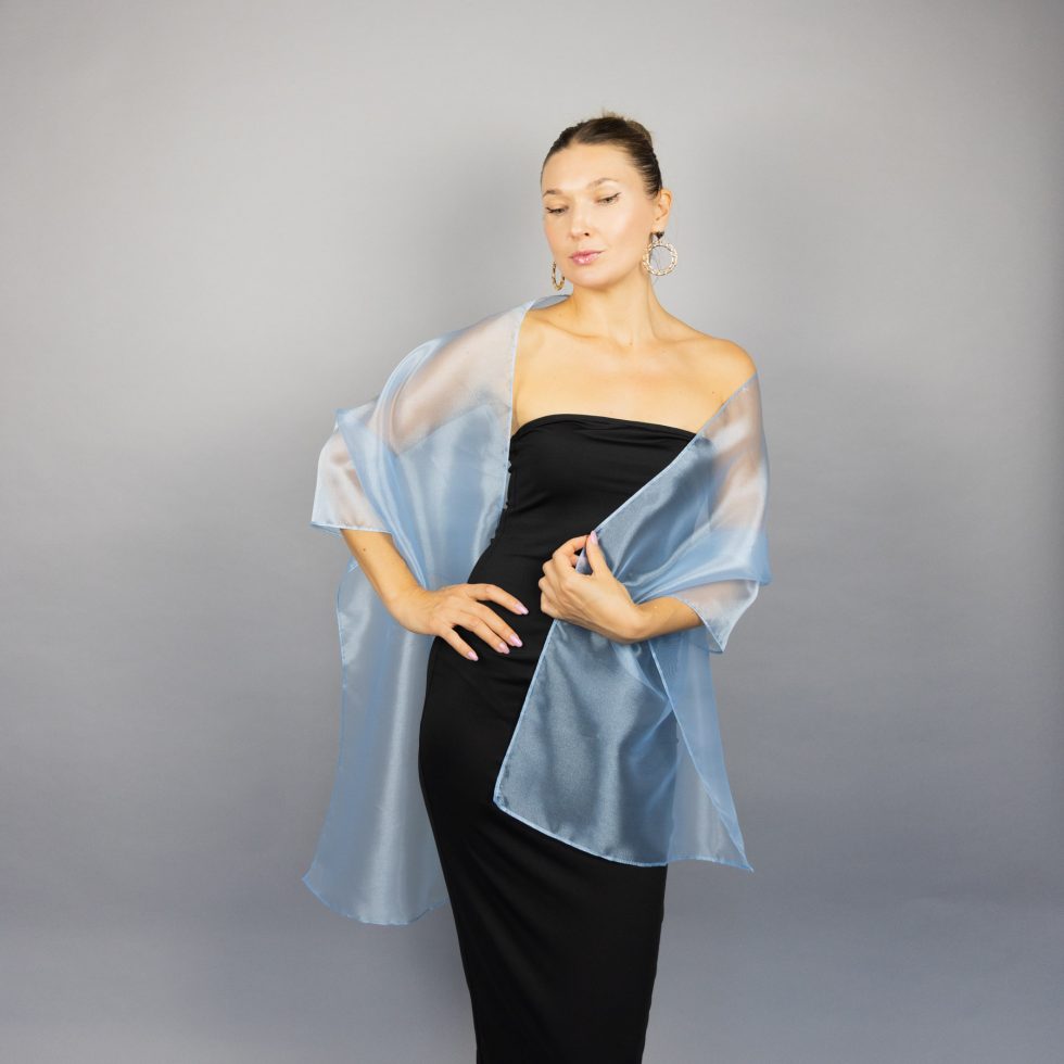Sky blue organza wrap silver grey sheer shawl scarf silver grey sheer shrug bridesmaids scarf woman sheer scarf evening shawl prom