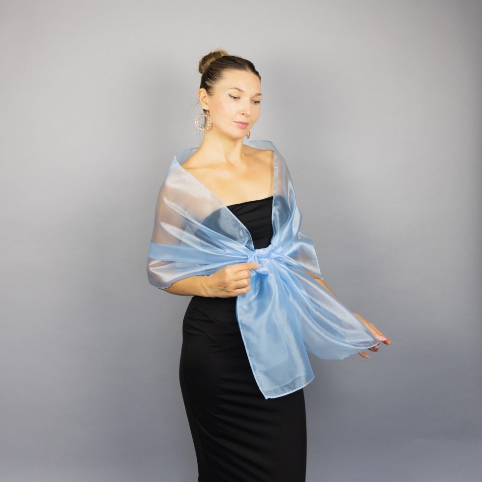 Sky blue organza wrap silver grey sheer shawl scarf silver grey sheer shrug bridesmaids scarf woman sheer scarf evening shawl prom