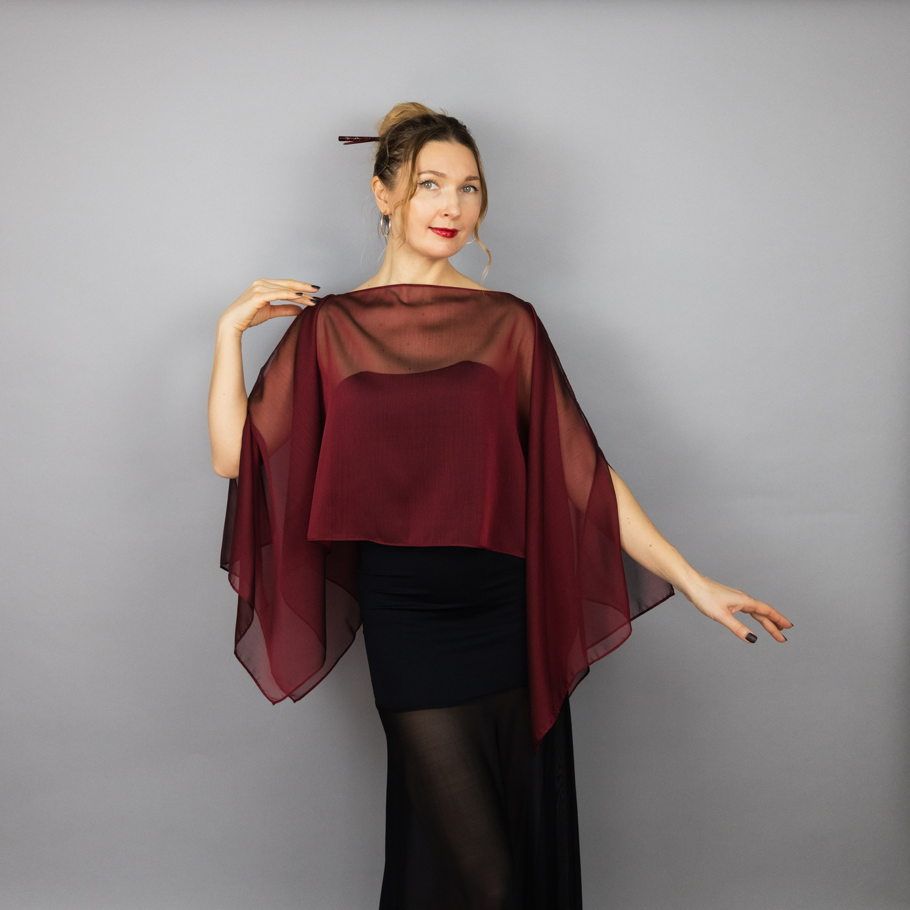 Burgundy red Chiffon capelet, wrap, bolero, summer spring wedding shrug, elegant accessory