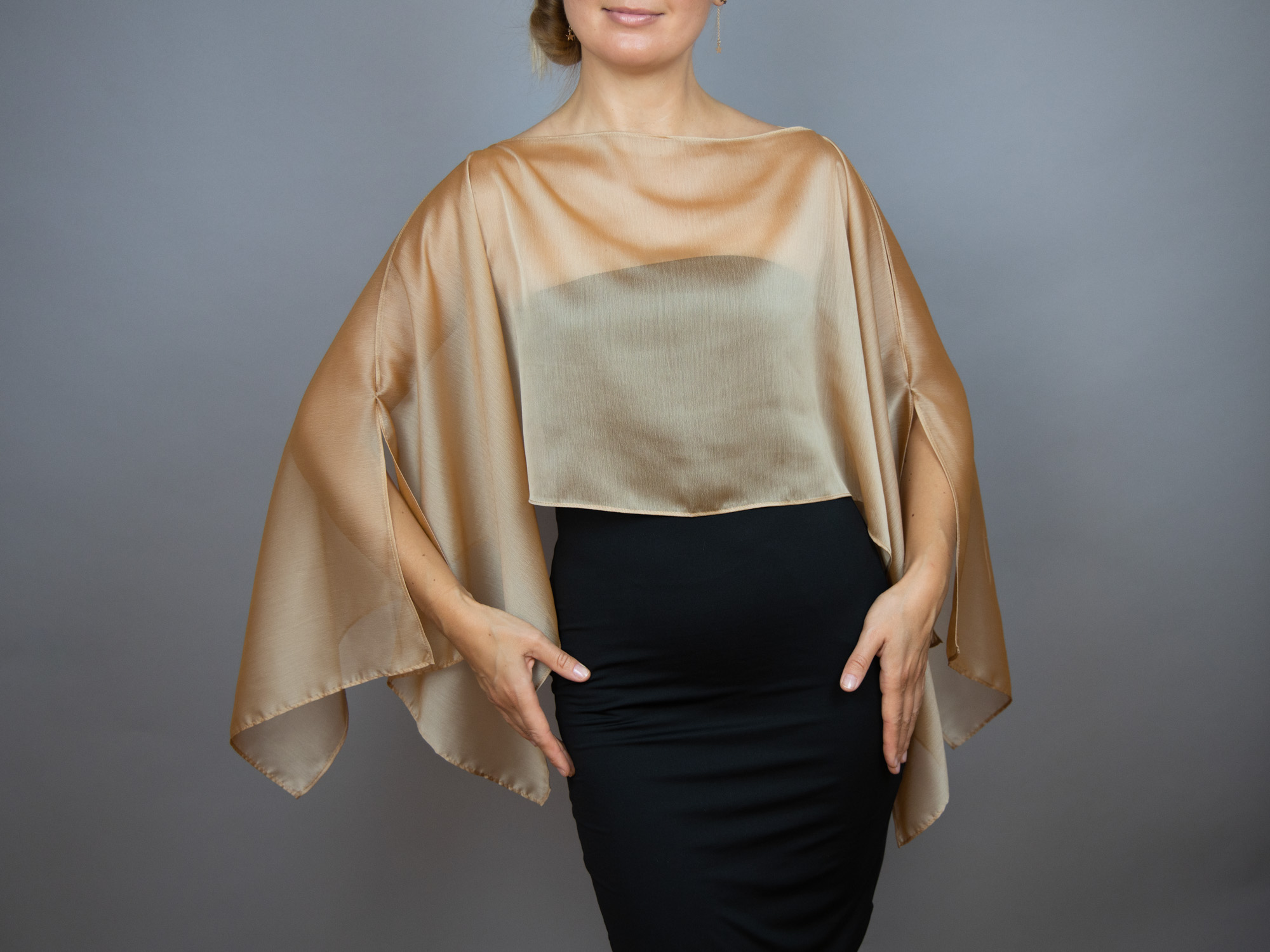 Chiffon gold wrap bolero capelet wedding or evening shrug, woman poncho, woman cape, choir cape.