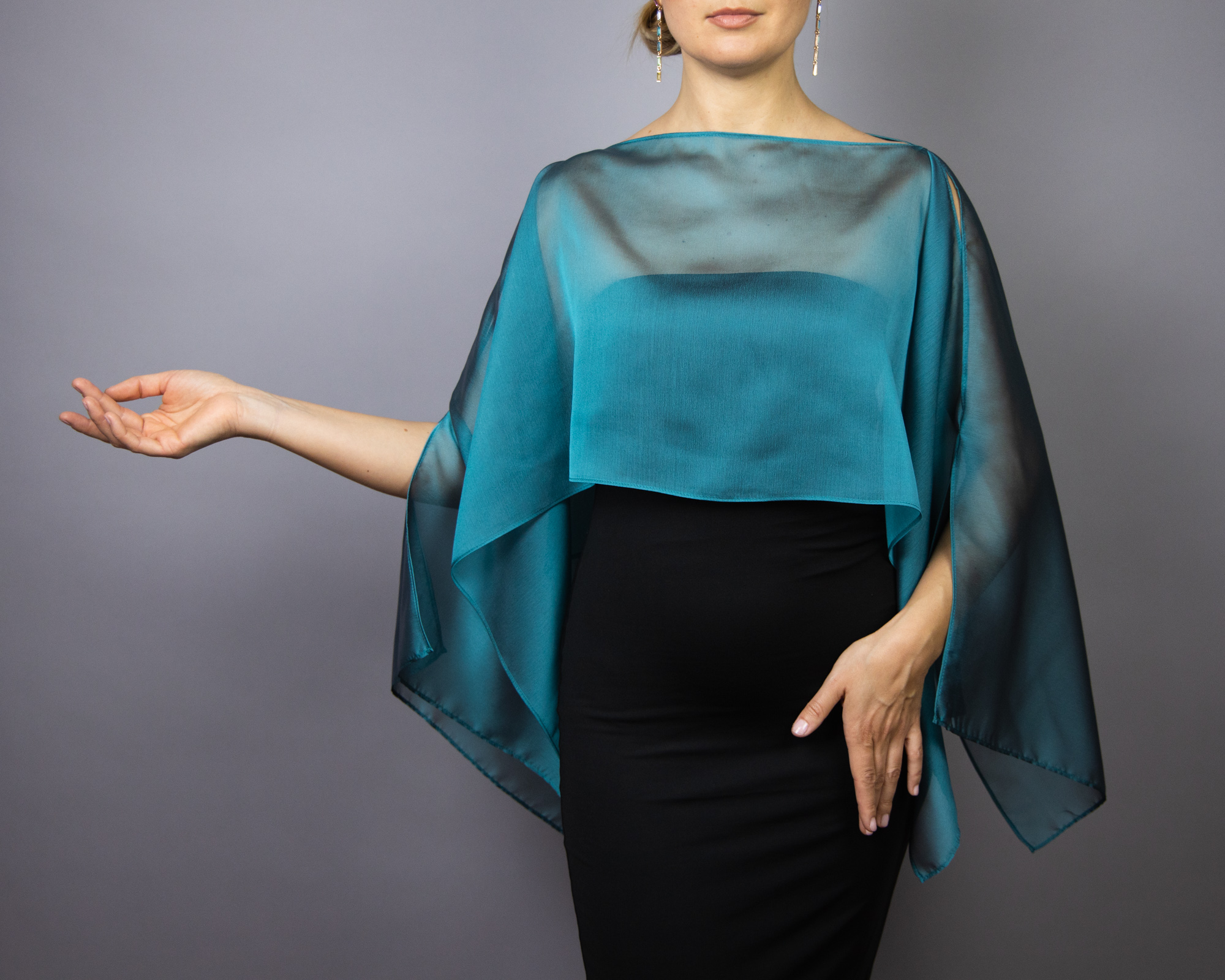 Chiffon peacock wrap bolero capelet wedding or evening shrug, woman poncho, woman cape, choir cape.