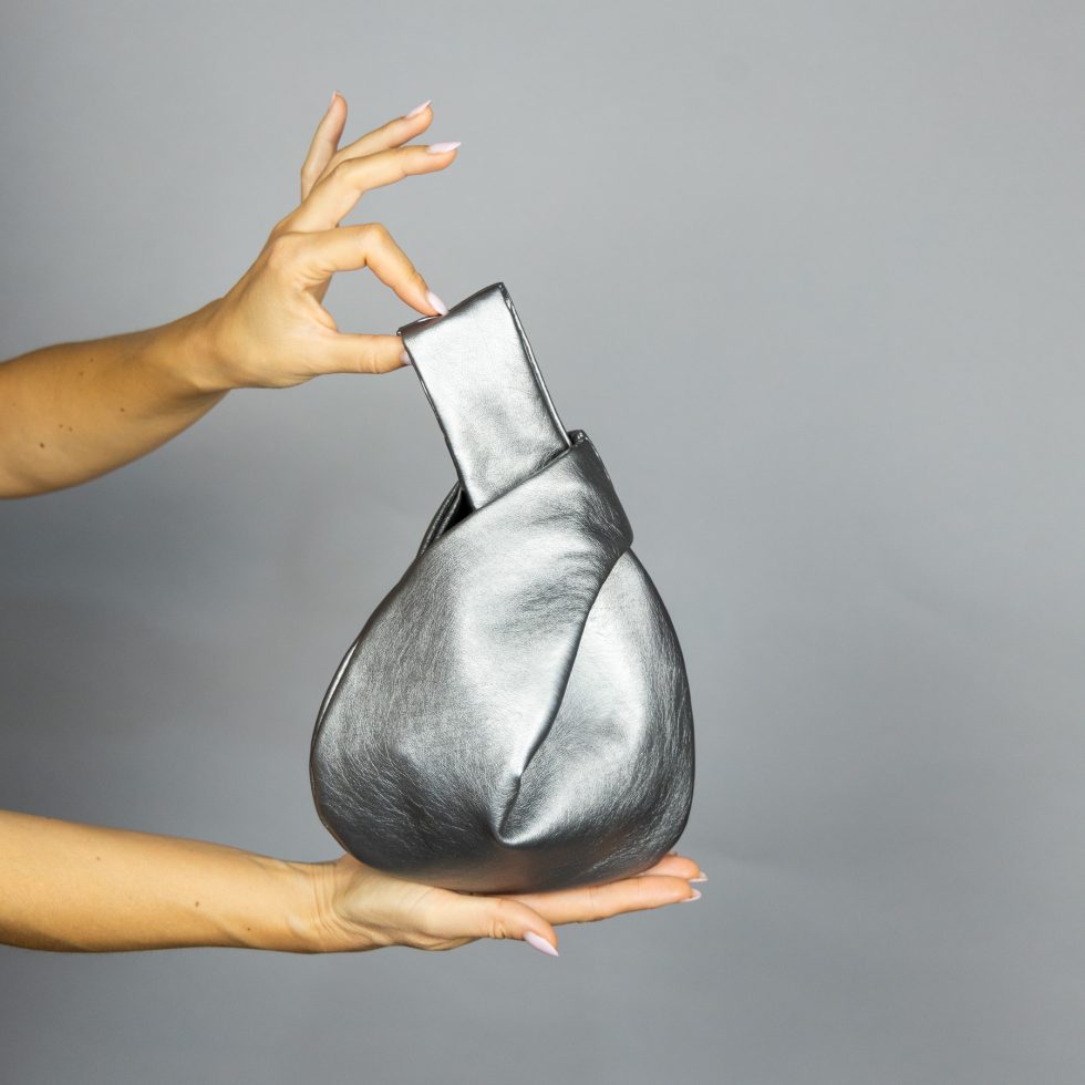 Silver grey Japanese knot bag purse clutch wedding, party bag, simple and elegant bag, imitation leather bag, vegan leather, synthetic leather , man made leather bag