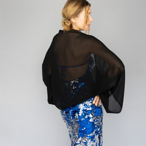 Black Luxury Chiffon sleeves wrap shawl bolero Winter wedding shrug elegant accessory