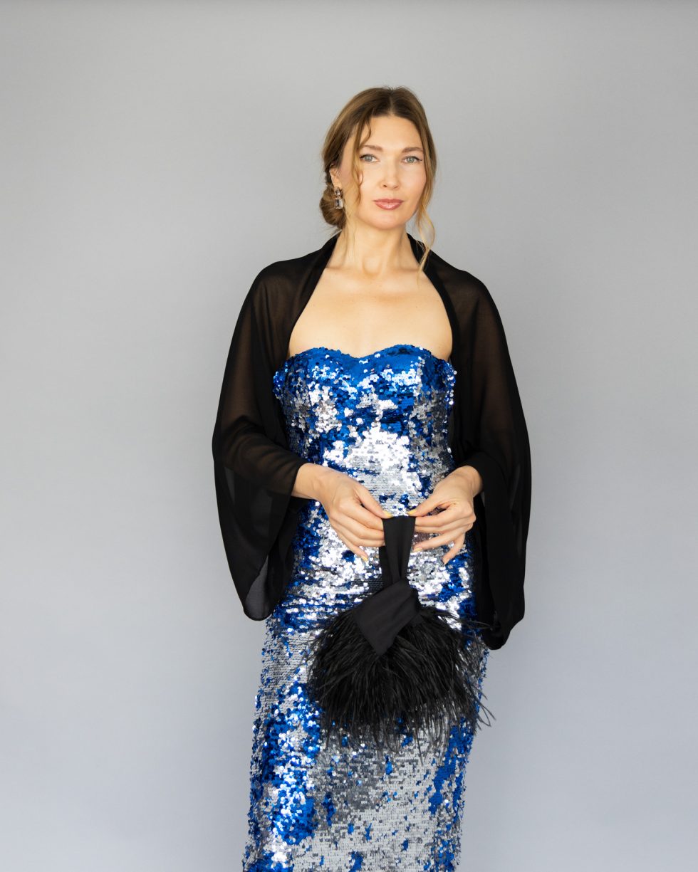 Black Luxury Chiffon sleeves wrap shawl bolero Winter wedding shrug elegant accessory