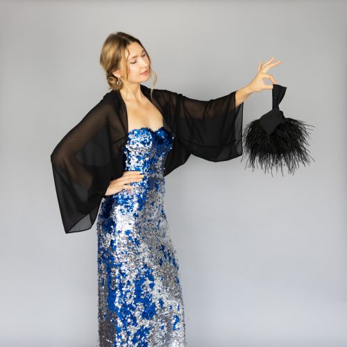 Black Luxury Chiffon sleeves wrap shawl bolero Winter wedding shrug elegant accessory